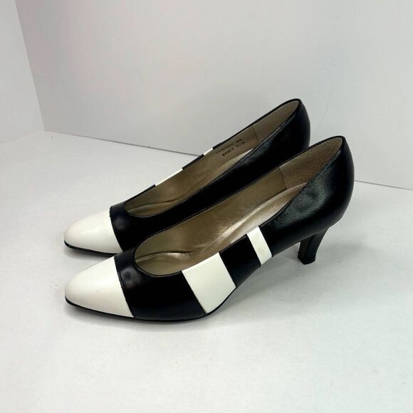 Connie Italian Leather White Cap Heel Pumps Black White Comfy Womens Designer - Picture 2 of 10
